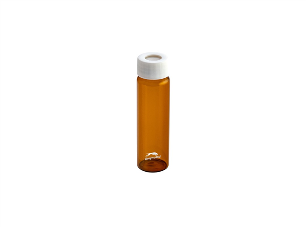 Picture of 40mL EPA/VOA Vial, Class 2, Screw Top, Amber Glass, Precleaned + 24-414mm Open Top White PP Cap with3mm PTFE/Silicone Septa